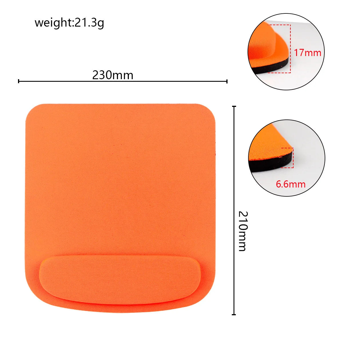 Orange mouse pad with dimensions and weight information on a white background