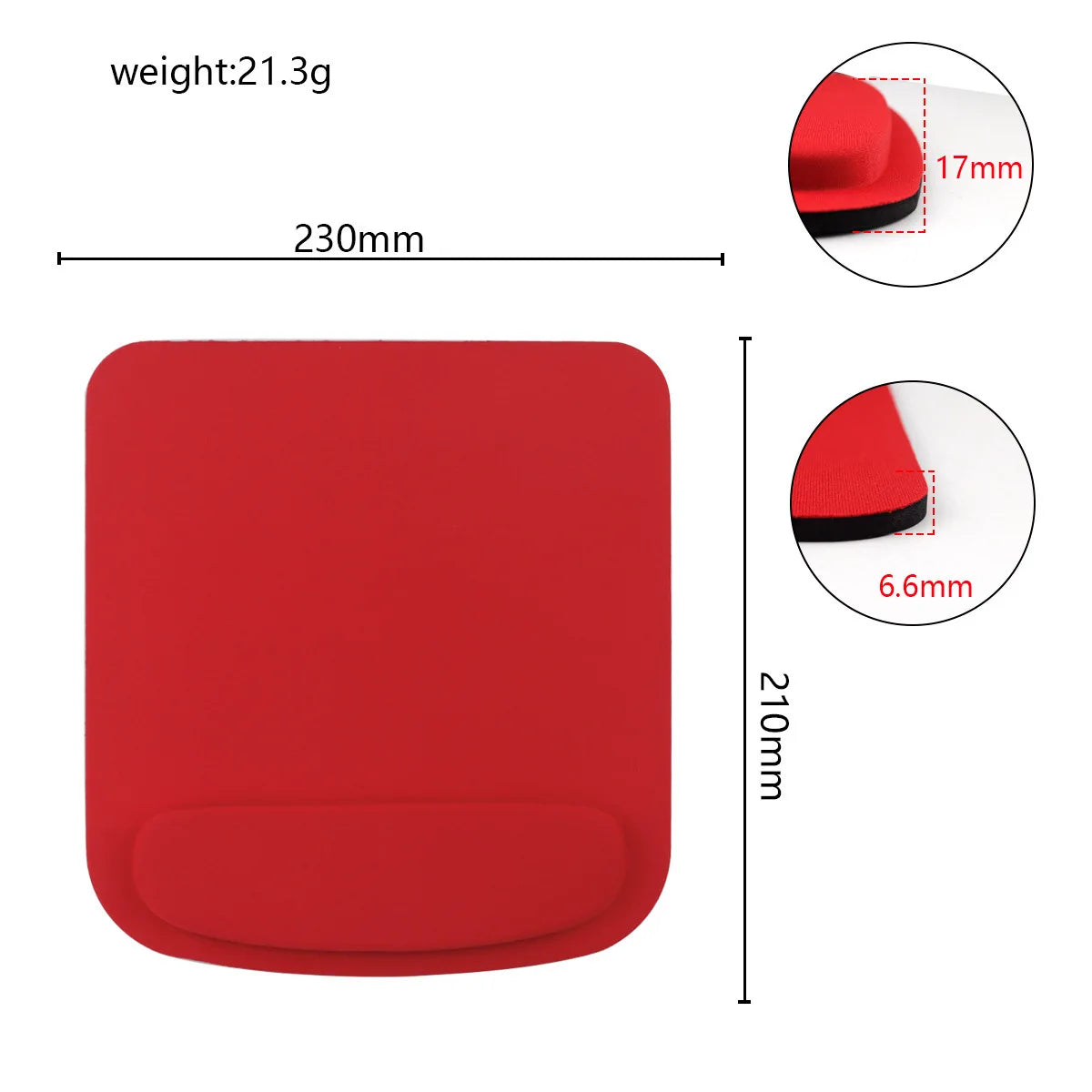 Red mouse pad with dimensions and weight information on a white background