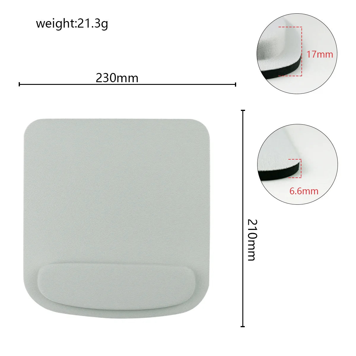 Gray mouse pad with measurements and weight information on a white background
