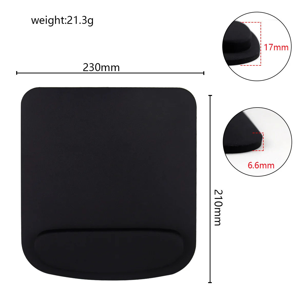 Black mouse pad with measurements and weight details on a white background